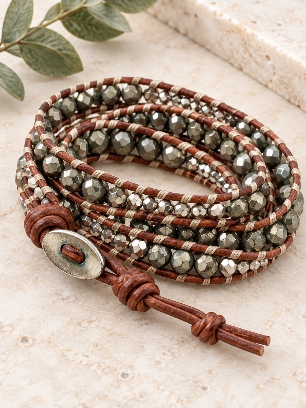 IDA ESTELLE Leather Beaded Multi Wrap Bracelet Metallic Boho Statement